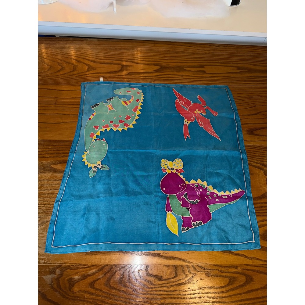 Silk Scarf Blue Dinosaur Print  Accessory